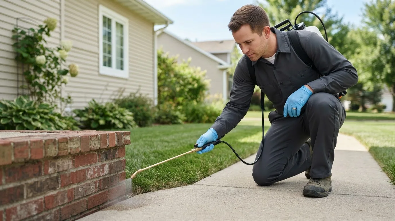 Pest control technician treating a home near Burlington, WI